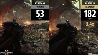 AMD Radeon RX 9070 series FidelityFX Super Reslution 4 comparison showing Warhammer 40,000 Space Marine 2