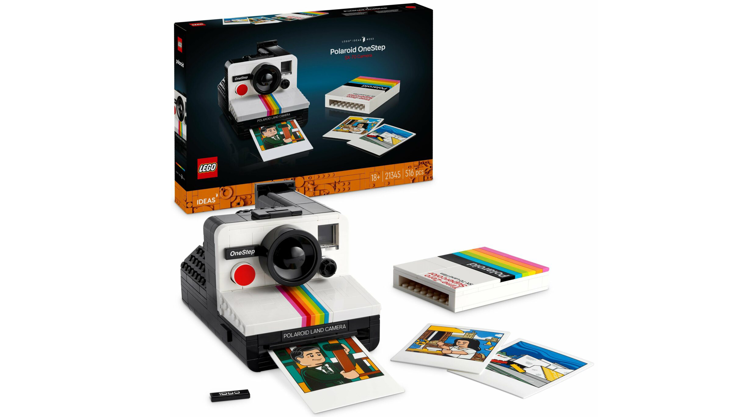 Lego Polaroid instant camera set on white background