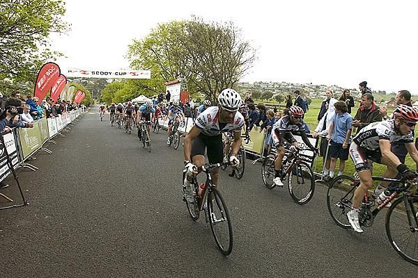 Kristian House (GHD-Burnie) attacks the peloton with a lap to go on stage three.