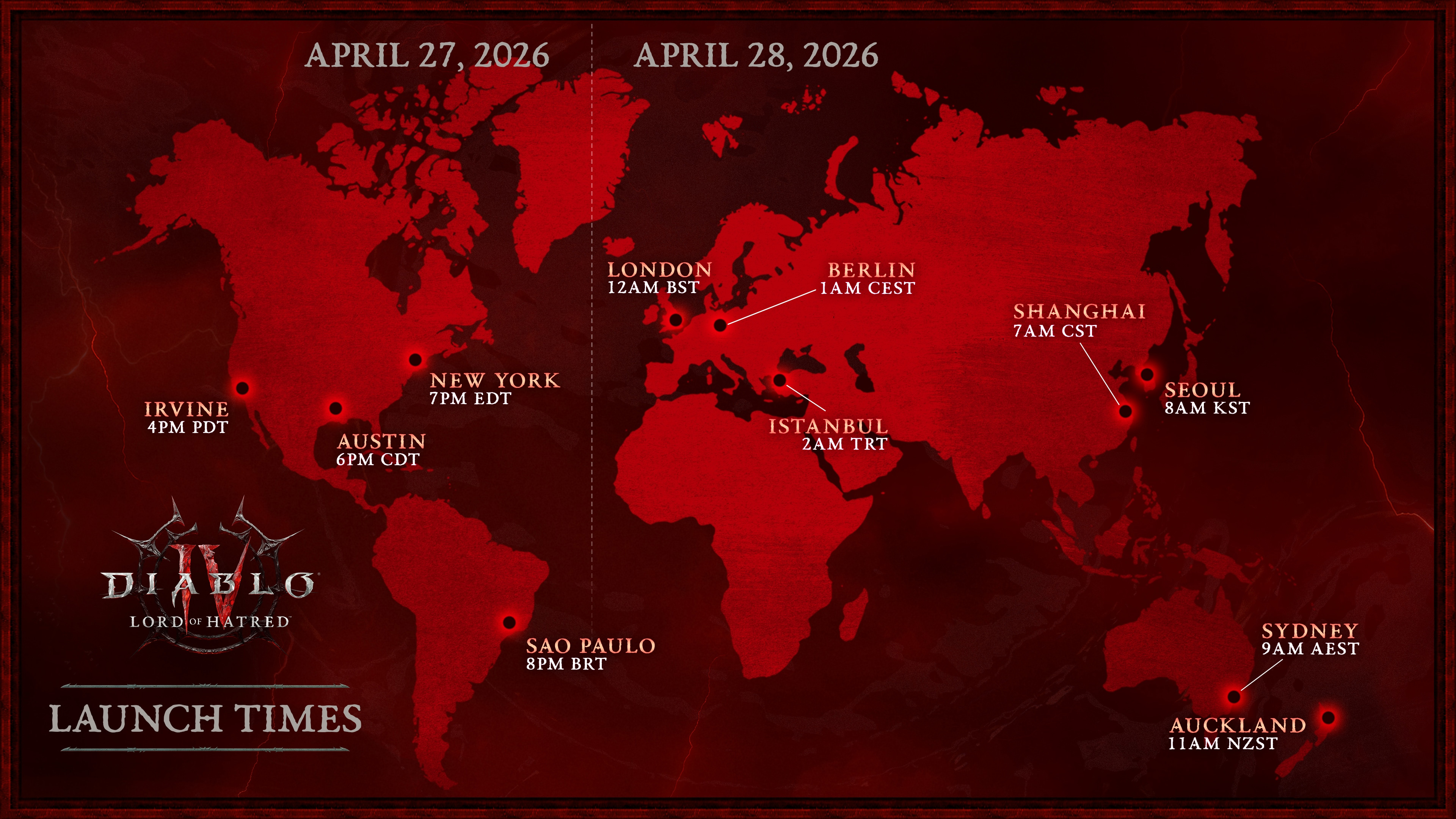 Map showing the global Diablo 4: Lord of Hatred release times