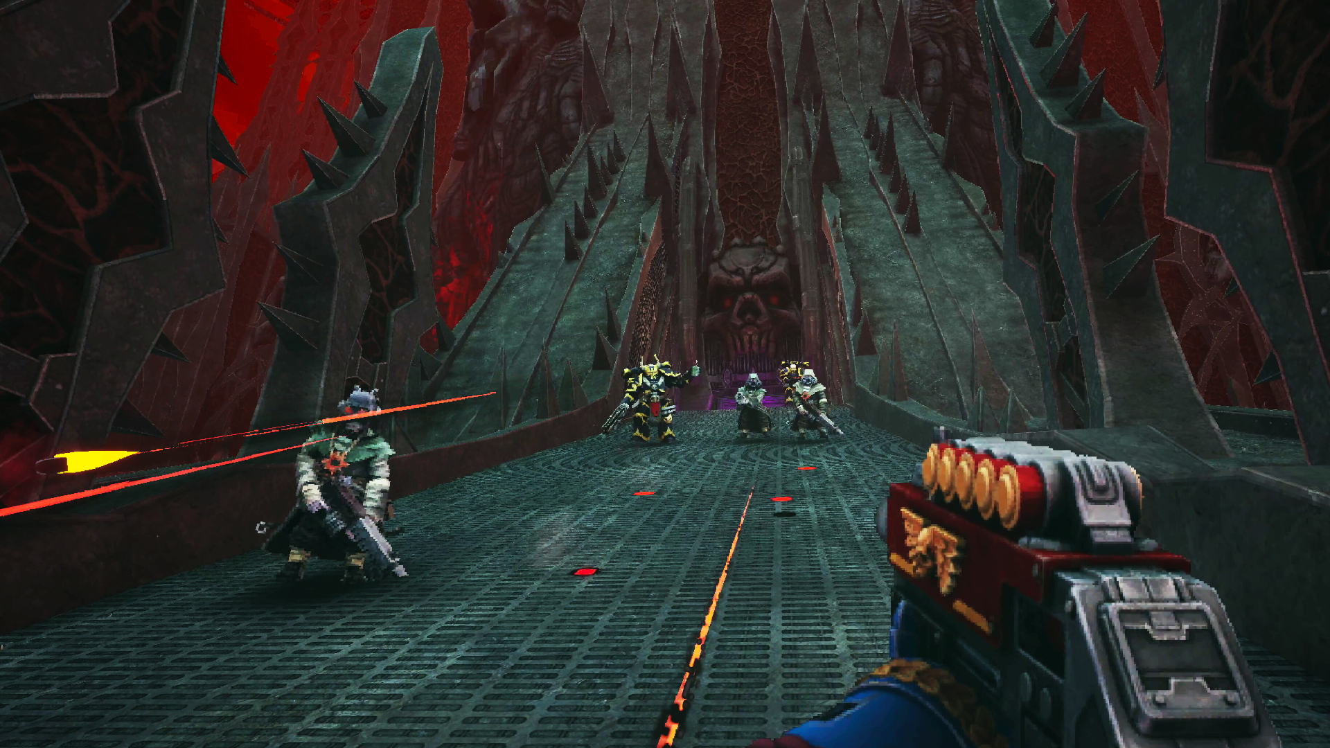 Warhammer 40,000: Boltgun 2 gameplay showing the player charging down a bridge occupied by Chaos cultists and space marines