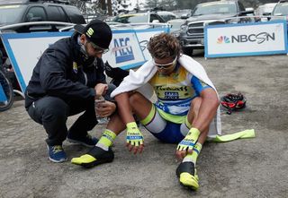 Peter Sagan shows the pain of the effort requires to finish sixth at the top of Mt. Baldy and keep his overall hopes alive.