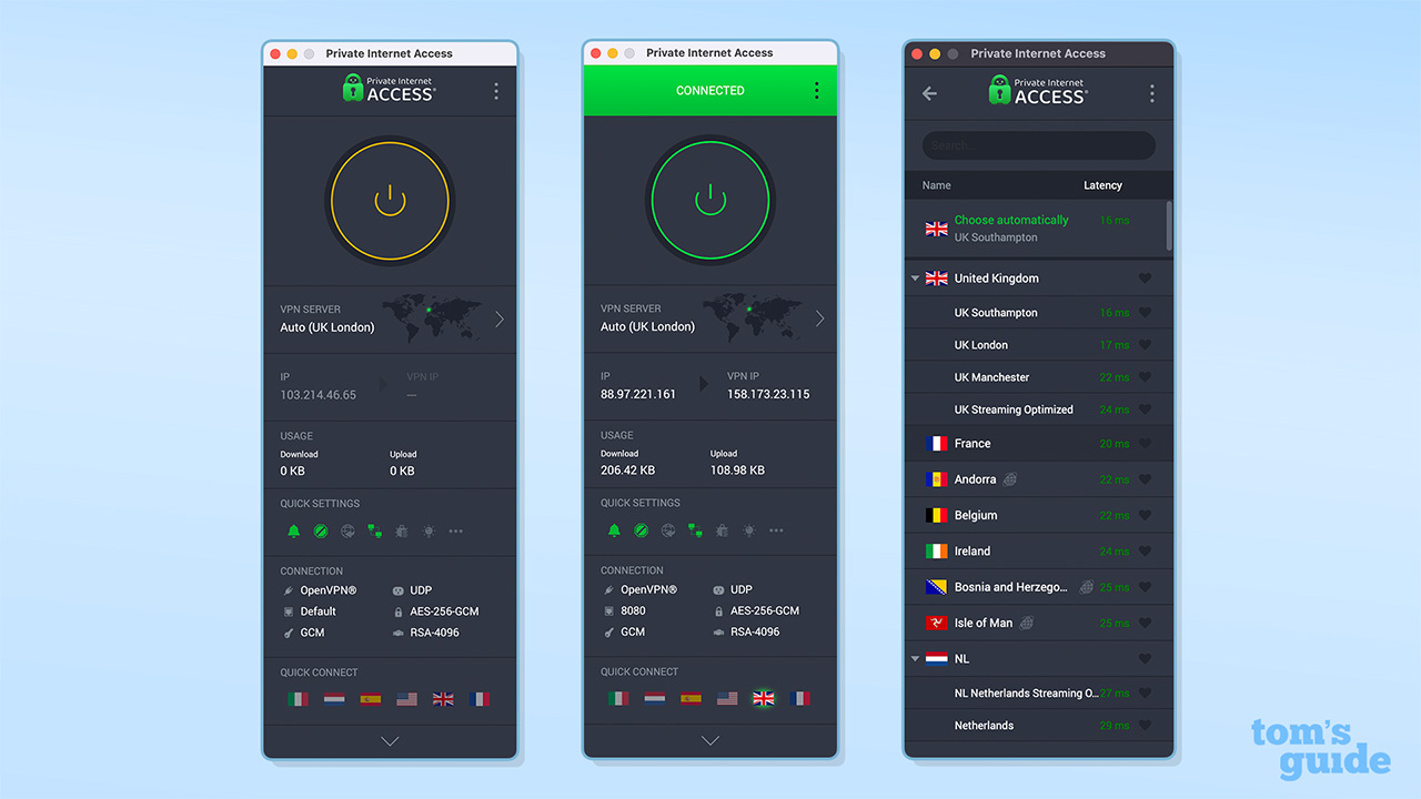 PIA&#039;s Mac app, showing the interface when connected, disconnected, and the server list