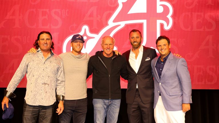Pat Perez, Talor Gooch, Greg Norman, CEO and commissioner of LIV Golf, Team Captain Dustin Johnson and Patrick Reed