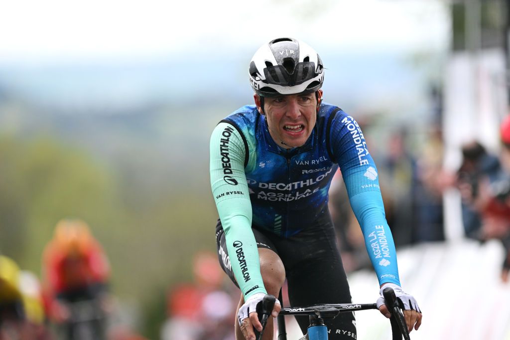 HUY BELGIUM APRIL 17 Benoit Cosnefroy of France and Decathlon AG2R La Mondiale Team crosses the finish line during the 88th La Fleche Wallonne 2024 Mens Elite a 1986km one day race from Charleroi to Huy UCIWT on April 17 2024 in Huy Belgium Photo by Dario BelingheriGetty Images