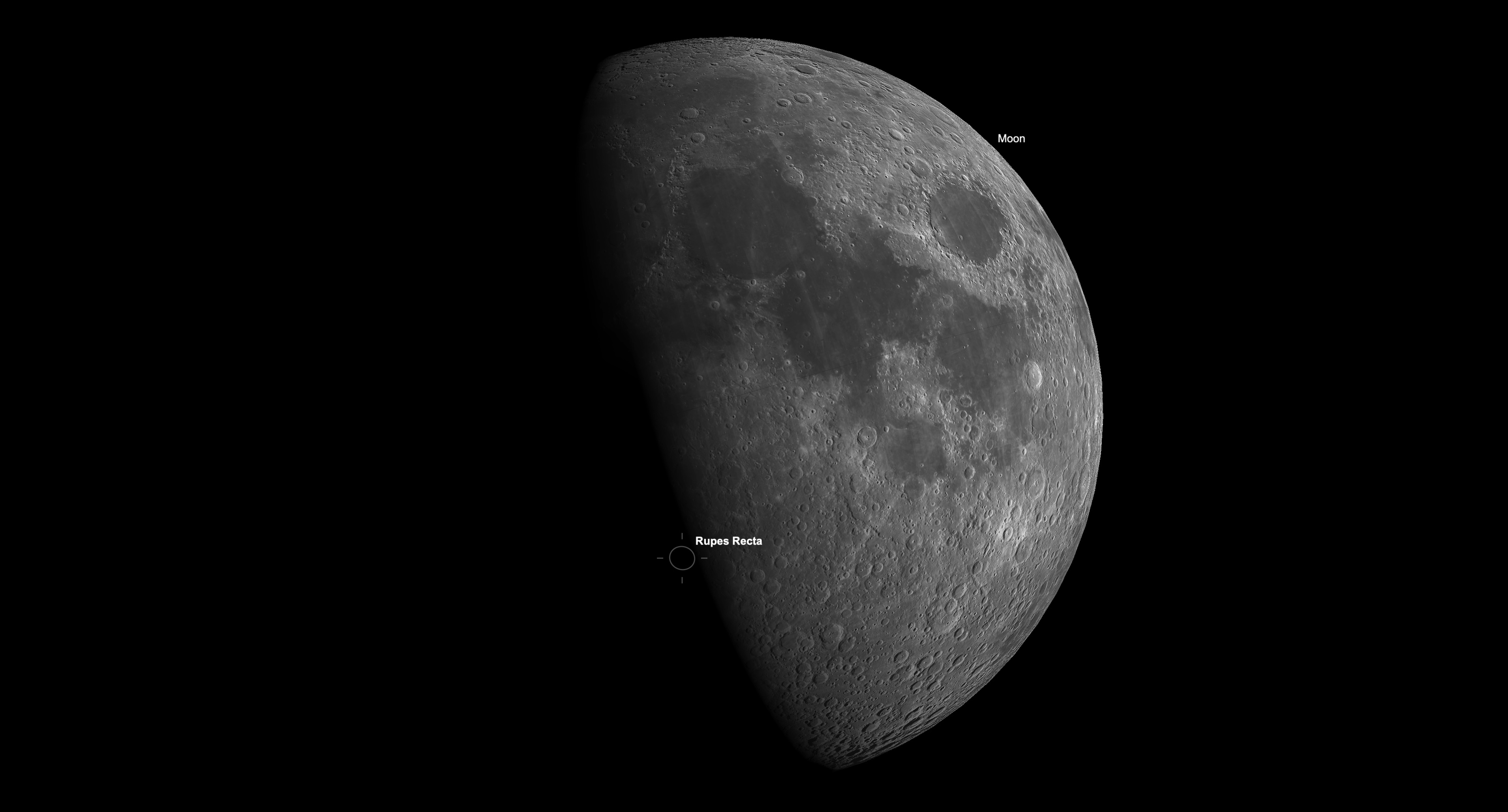 An image of the waxing gibbous moon in a black sky, with the location of Rupes Recta indicated by a white circle on the dark side of the moon.
