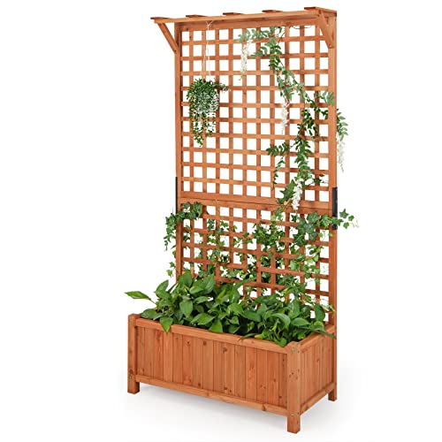 Happygrill Raised Garden Bed With Trellis, 72.5" Planter Raised Bed With Drainage Holes, Freestanding Garden Box for Vine Climbing Plants, Wooden Planter Box for Yard Balcony (1, Orange)