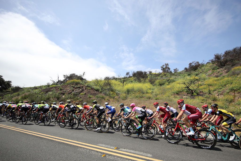 The bunch is still together as it approaches the final climb of Gibraltar Road on stage 2 of the 2018 Tour of California