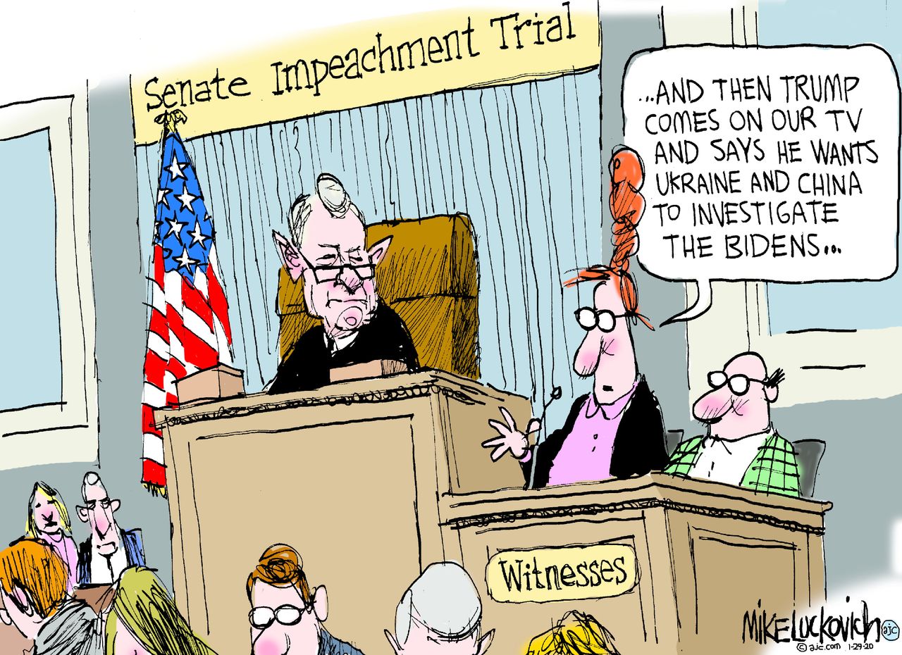 Political Cartoon U.S. Trump Roberts impeachment trial witnesses Ukraine China TV