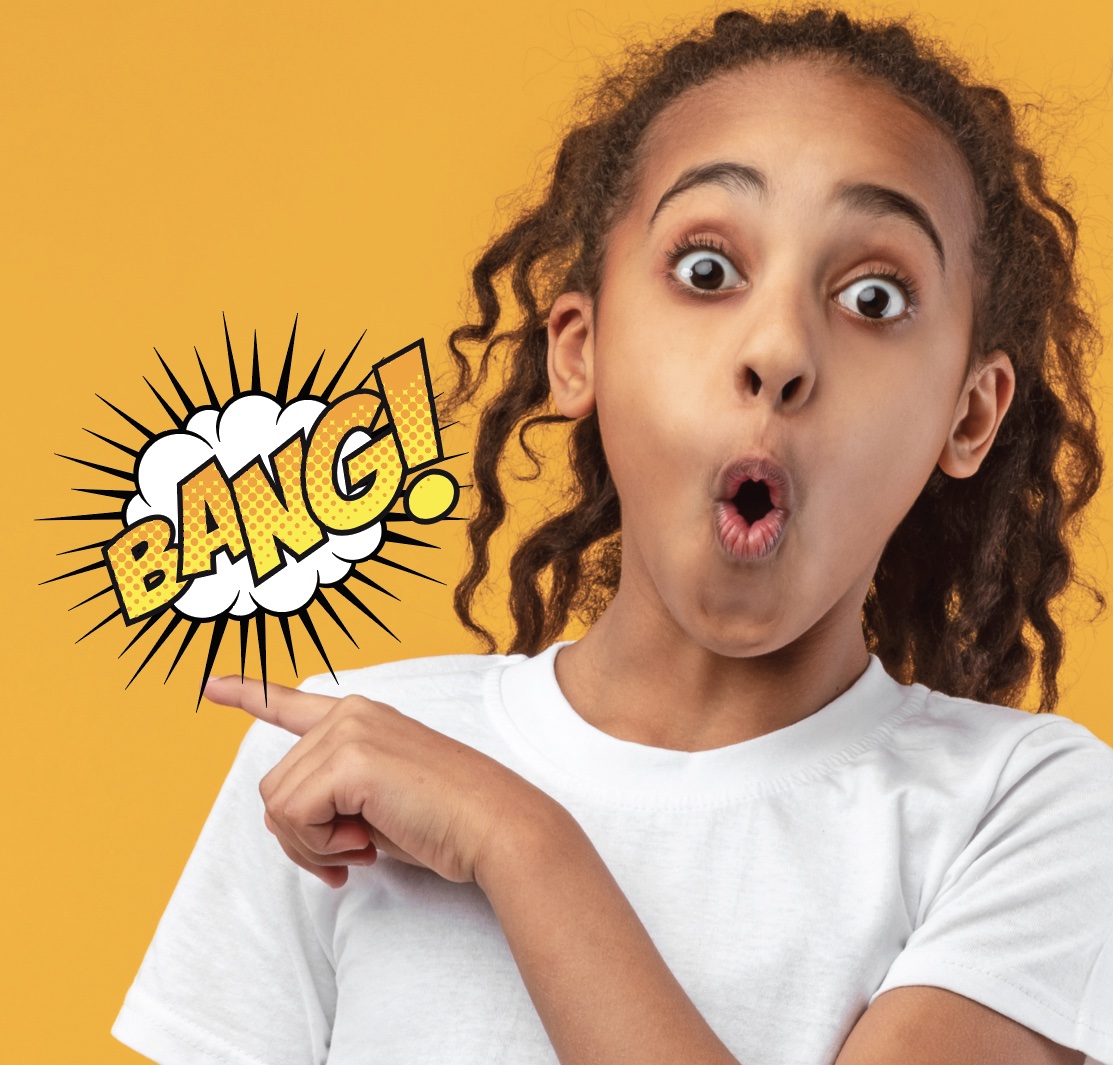 Girl pointing at a &#039;BANG!&#039; sign