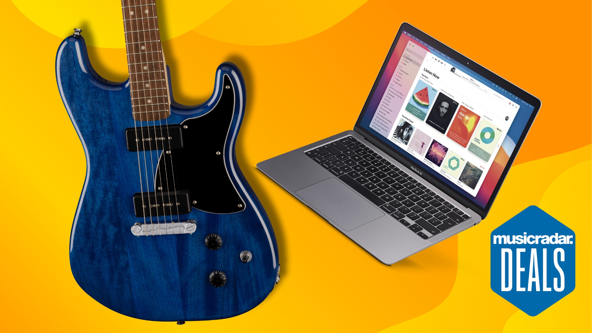 A Fender electric guitar and a MacBook Air on a yellow and orange background