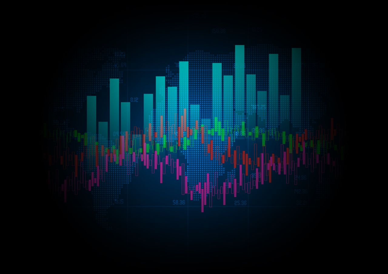 digital business model with large blue bars and small red, green and pink bars on black backdrop