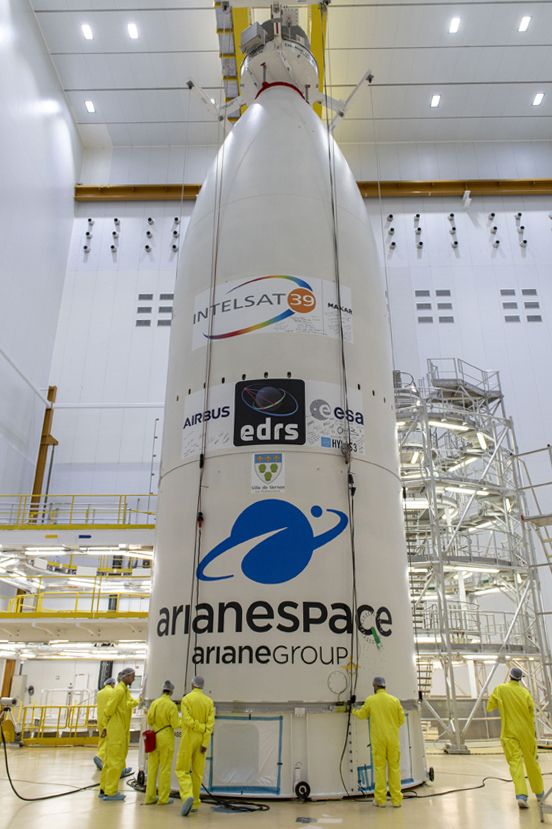 The spacecraft fairing containing Intelsat 39 is ready for installation atop the Ariane 5 rocket.