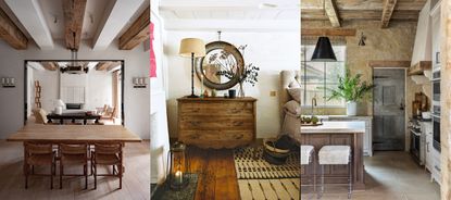 Three examples of farmhouse decor ideas. Open-plan living-dining space with wooden flooring and table. Cozy bedroom with wooden cabinet, rug, round mirror, table lamp. Rustic kitchen with exposed beams, brickwork, island with seating.