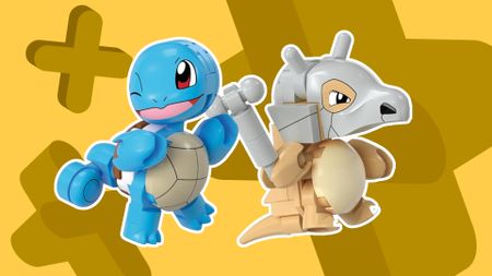 Mega Squirtle and Cubone against a yellow background with plusses