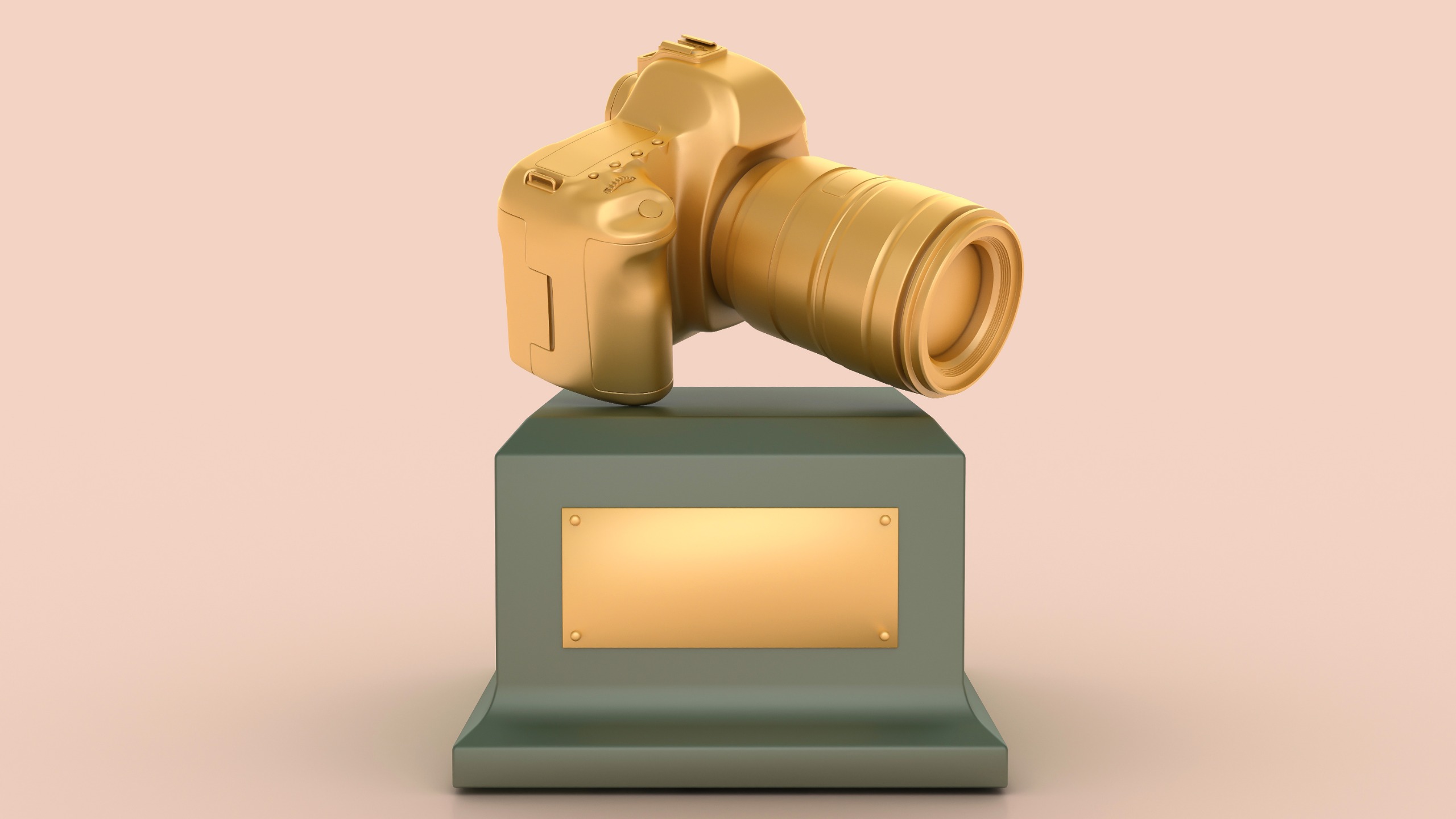 A 3D rendering of a gilded DSLR camera trophy