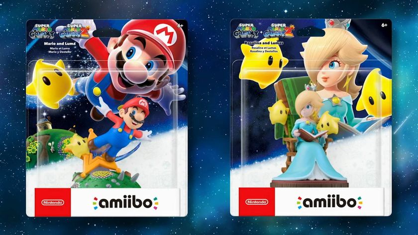 Image of the Mario and Princess Rosalina amiibo in their boxes, with a space background behind them.