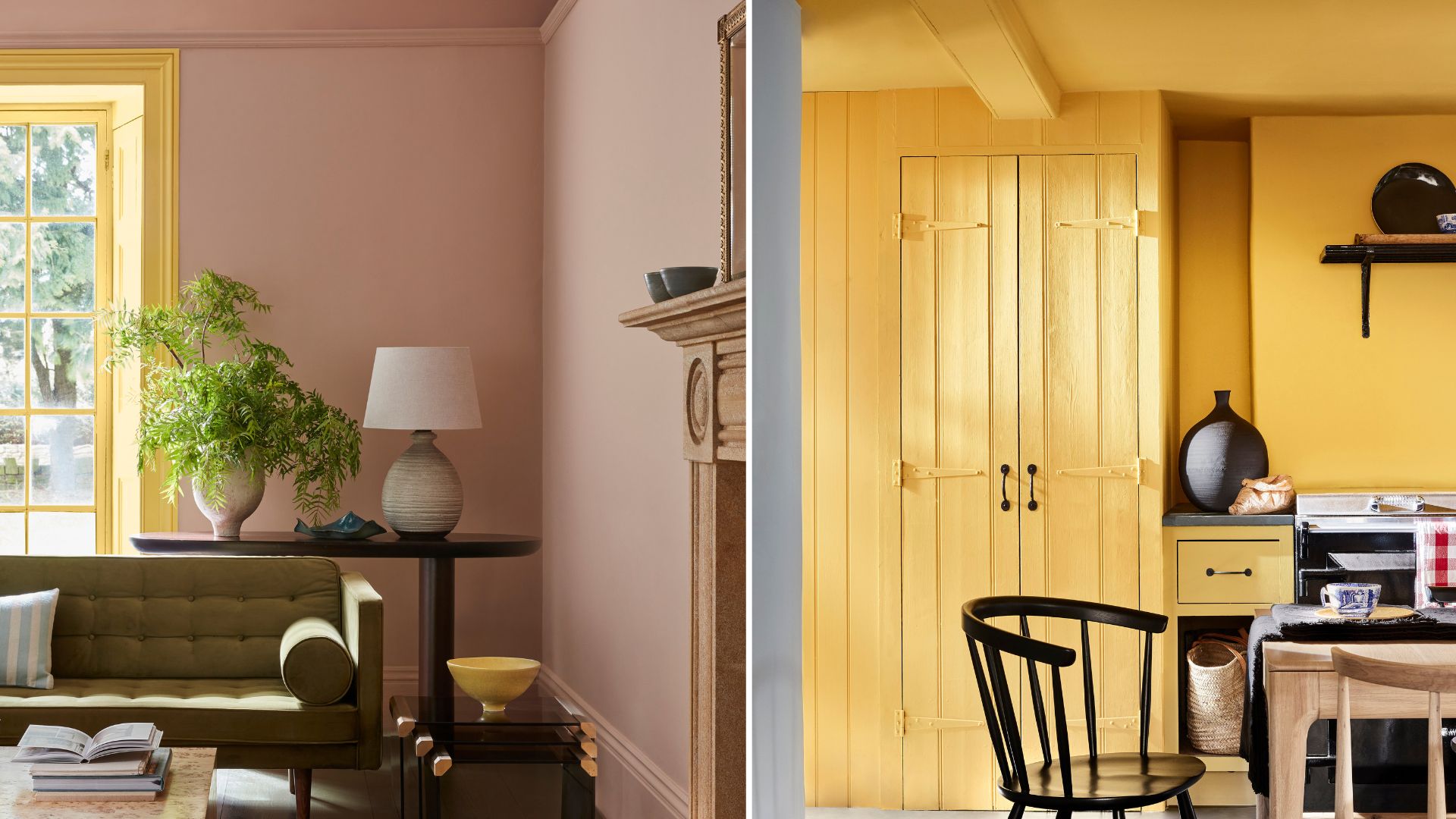 Split image of a living room painted pink and a kitchen painted yellow to show how to make a room look bigger with paint