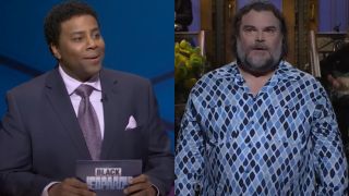 From left to right: Kenan Thompson looking to his right while hosting Black Jeopardy and Jack Black looking forward during his monologue. 