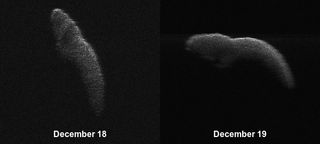These two radar images of near-Earth asteroid 2003 SD220 were obtained on Dec. 18-19, 2018 using the Arecibo Observatory and Green Bank Telescope. The asteroid looks much like a hippo wading in a river, NASA says.