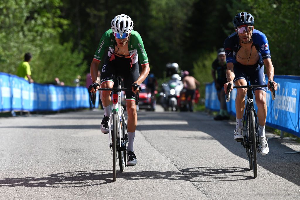 VAL DI ZOLDO PALAFAVERA ITALY MAY 25 LR Filippo Zana of Italy and Team Jayco AlUla and Thibaut Pinot of France and Team Groupama FDJ compete in the breakaway during the 106th Giro dItalia 2023 Stage 18 a 161km stage from Oderzo to Val di Zoldo Palafavera 1514m UCIWT on May 25 2023 in Val di Zoldo Palafavera Italy Photo by Tim de WaeleGetty Images
