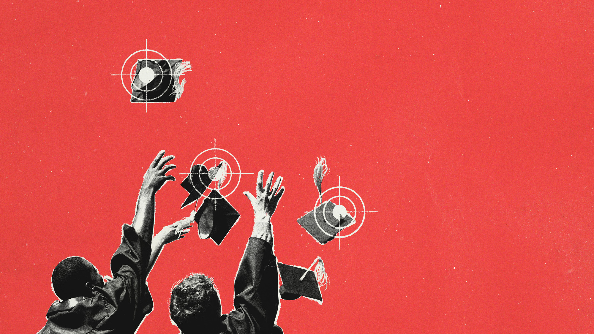 Photo collage of graduates throwing hats in the air, with sniper crosshairs trained on each hat
