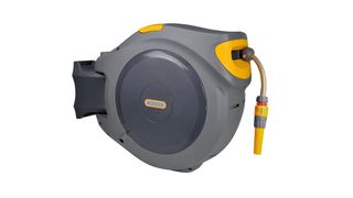 best garden hose: Hozelock Auto Reel wall-mounted garden hose, grey and yellow