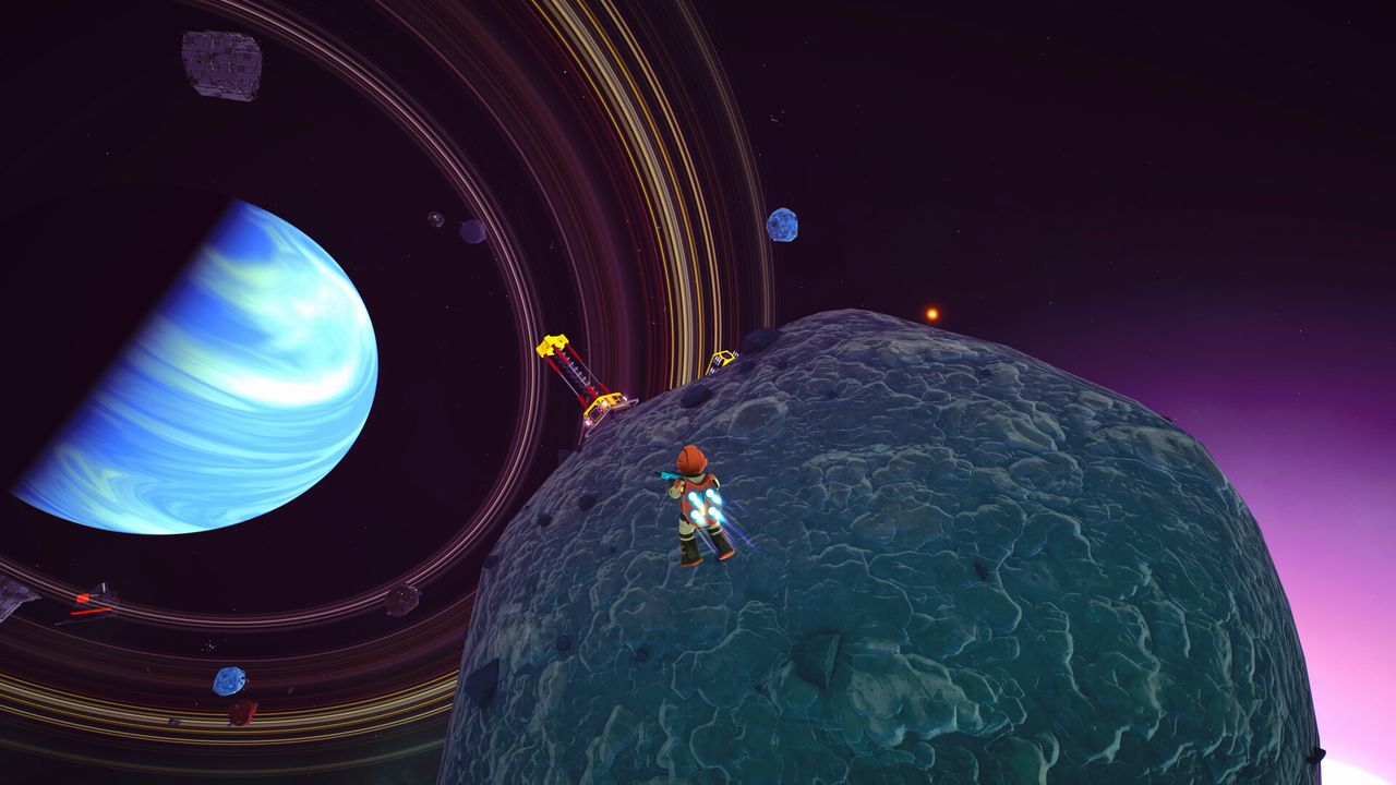 Screenshot of colorful astronaut and environment from Space Trash Scavenger