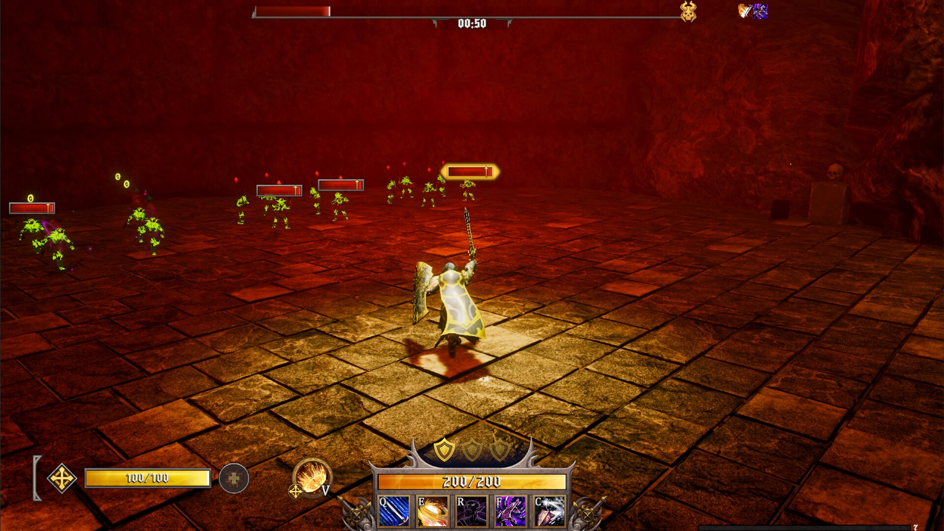 Tank fighting goblins in a red cave