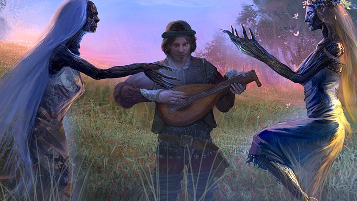 Dandelion strums a lute in between two undead women in The Witcher 1.