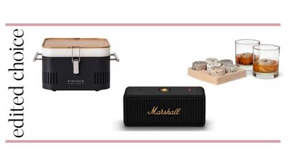 Unique Fathers Day gifts guide graphic with heston bbq, Marshall speaker and whiskey on the rocks ice cube set 