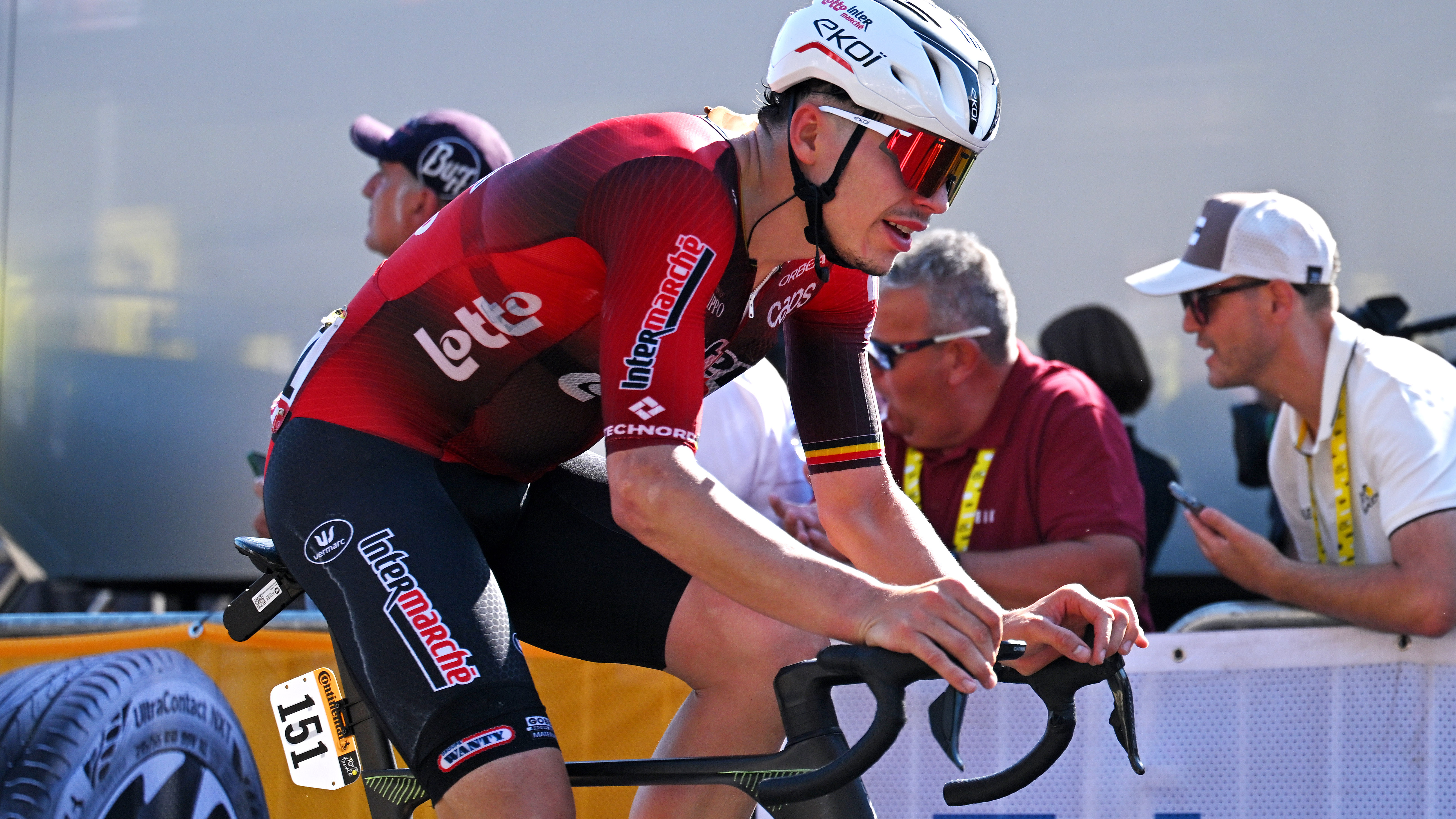 Arnaud De Lie looking peaky on Stage Two of the 2026 Tour de France