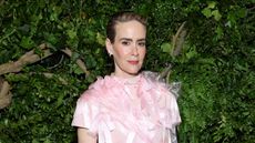 sarah paulson waring pink on a green leafy background at the met gala