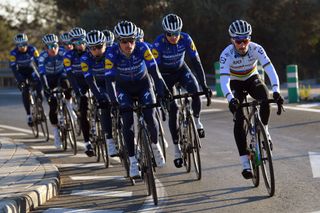 ALTEA SPAIN JANUARY 12 Dries Devenyns of Belgium Andrea Bagioli of Italy Julian Alaphilippe of France World Champion jersey and Fausto Masnada of Italy and Team Deceuninck Quick Step SWorks Tarmac SL Specialized during the Team Deceuninck QuickStep 2021 Training Camp deceuninckqst TheWolfpack on January 12 2021 in Altea Spain Photo by Luc ClaessenGetty Images