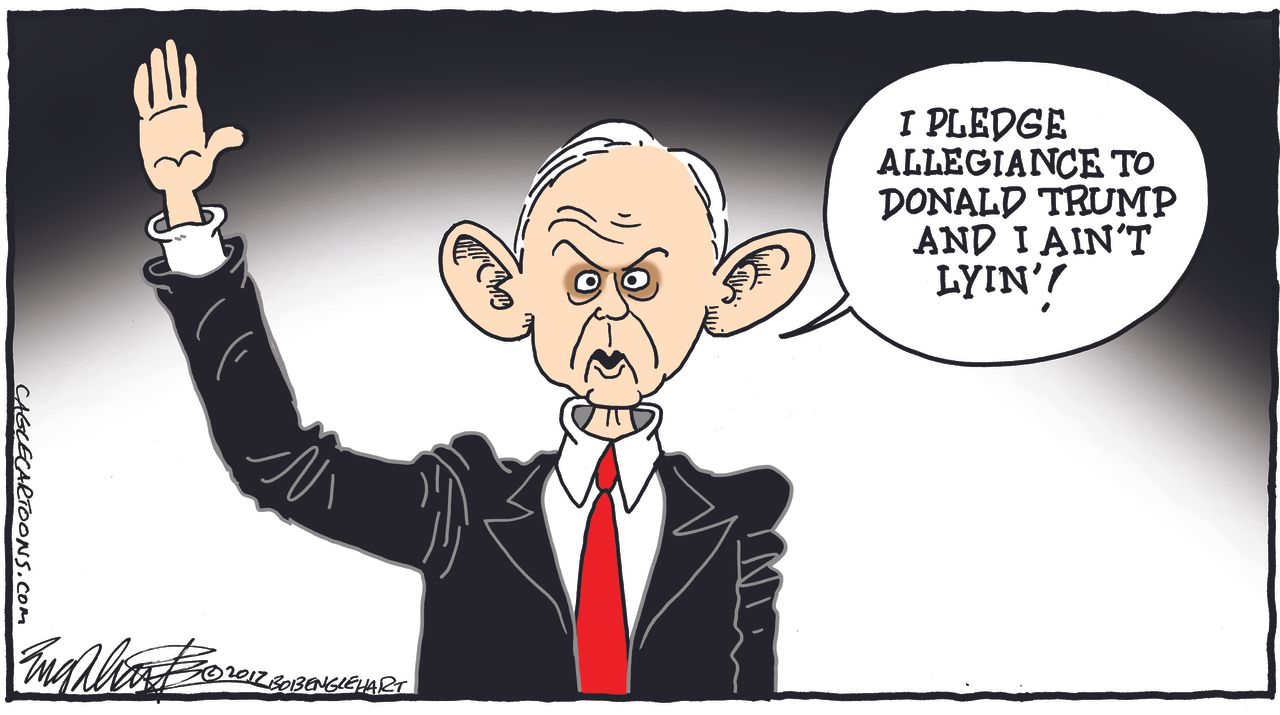 Political cartoon U.S. Jeff Sessions testimony Trump loyalty