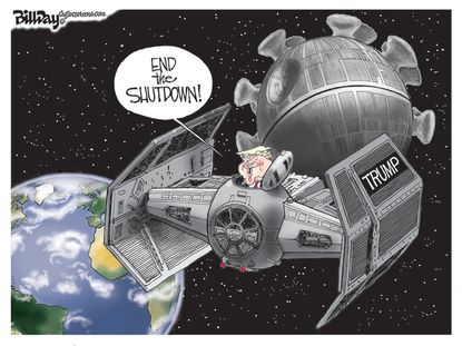 Political Cartoon U.S. Trump Death Star coronavirus reopening
