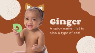 Baby on brown background with animal ear headband on demonstrating animal-inspired name Ginger