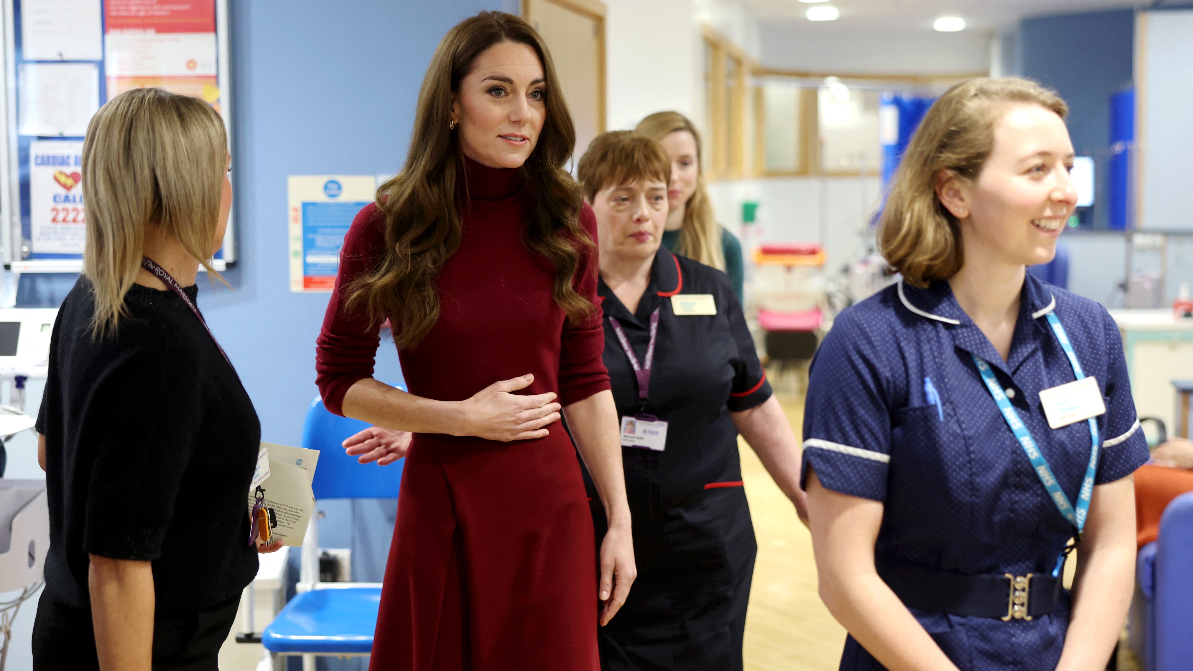 Catherine, Princess of Wales walks with staff during a visit to the Royal Marsden Hospital in west London on January 14, 2025
