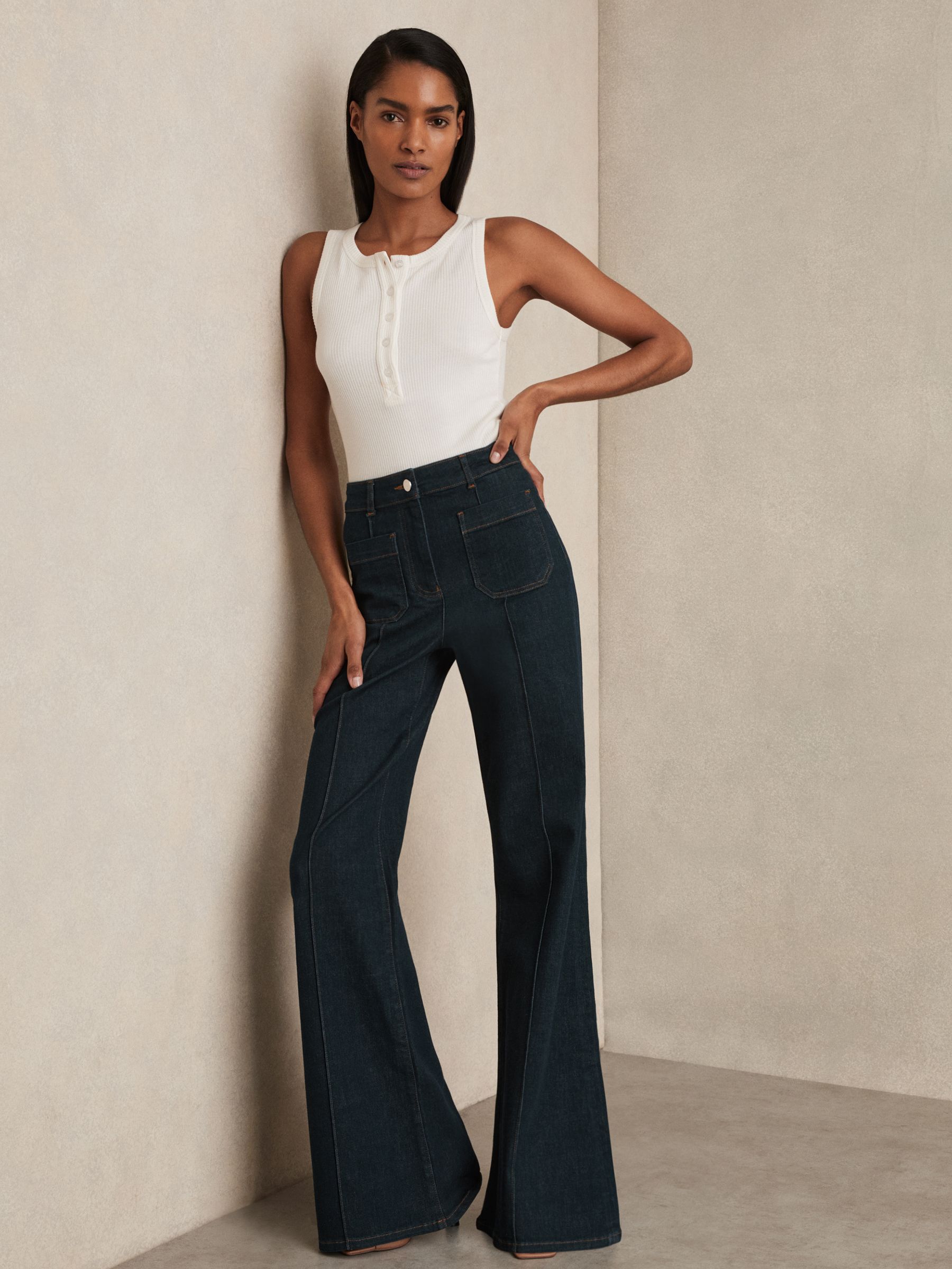 Patch-Pocket Flared Jeans in Dark Blue
