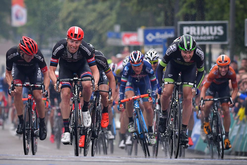 Dan McLay of Fortuneo-Vital Concept (right) sprints to second behind Zico Waeytens of Giant-Alpecin during the sprint at the finish of the final stage of the Baloise Belgium Tour cycling race on May 29. Mclay twice finished second in the race.