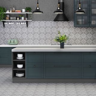 grey kitchen with cabinets and porcelain wall tiles