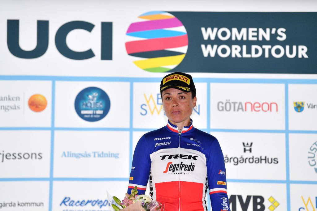 VARGARDA SWEDEN AUGUST 07 Audrey CordonRagot of France and Team Trek Segafredo winner of the race on the podium ceremony after the 15th Postnord Vrgrda WestSweden 2022 Road Race a 1257km stage from Vargarda to Vargarda UCIWWT VargardaCycling on August 07 2022 in Vargarda Sweden Photo by Luc ClaessenGetty Images