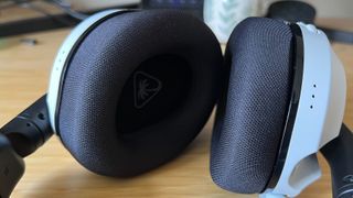 Close up on earcups of Turtle Beach Stealth 600 Gen 3 showing generous padding and mesh material
