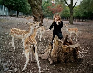 A girl on a tree stump surrounded by white spotted deer.