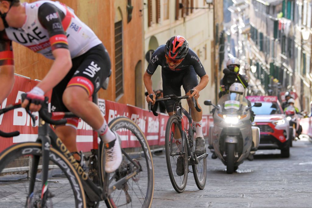 SIENA ITALY MARCH 06 Thomas Pidcock of United Kingdom and Team INEOS Grenadiers during the Eroica 15th Strade Bianche 2021 Mens Elite a 184km race from Siena to Siena Piazza del Campo StradeBianche on March 06 2021 in Siena Italy Photo by Luc ClaessenGetty Images