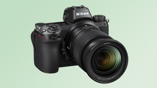 Product shot of the Nikon Z7 II camera angled from the front with lens attached