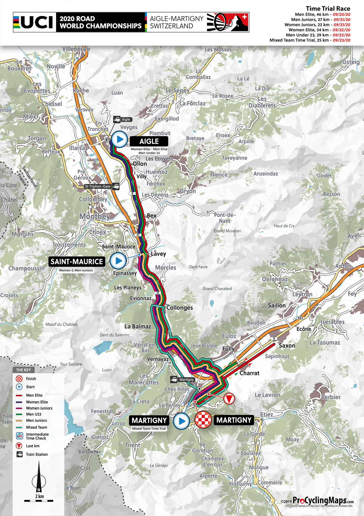 The routes of the 2020 World Championships road races in Switzerland