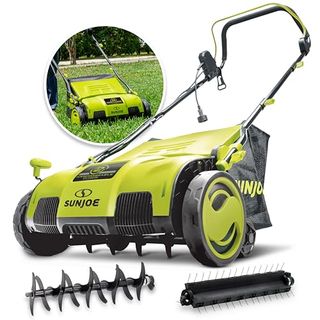 Sun Joe Aj805e 15-Inch 13-Amp Electric Dethatcher and Scarifier W/removeable 13.2-Gal Collection Bag, 5-Position Height Adjustment, Airboost Technology Increases Lawn Health, Green