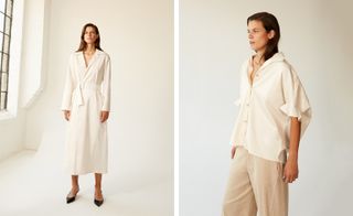 Left, white dress and right, cream colour shirt and pant