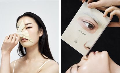 Split photo of lady pulling skin mask off her face and box with face on